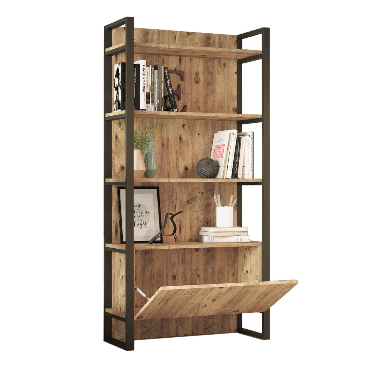 Boekenkasten - Industriële boekenkast met planken en gesloten opbergvak dennenhout melamine Lyra 90x180x34 cm - Dimehouse