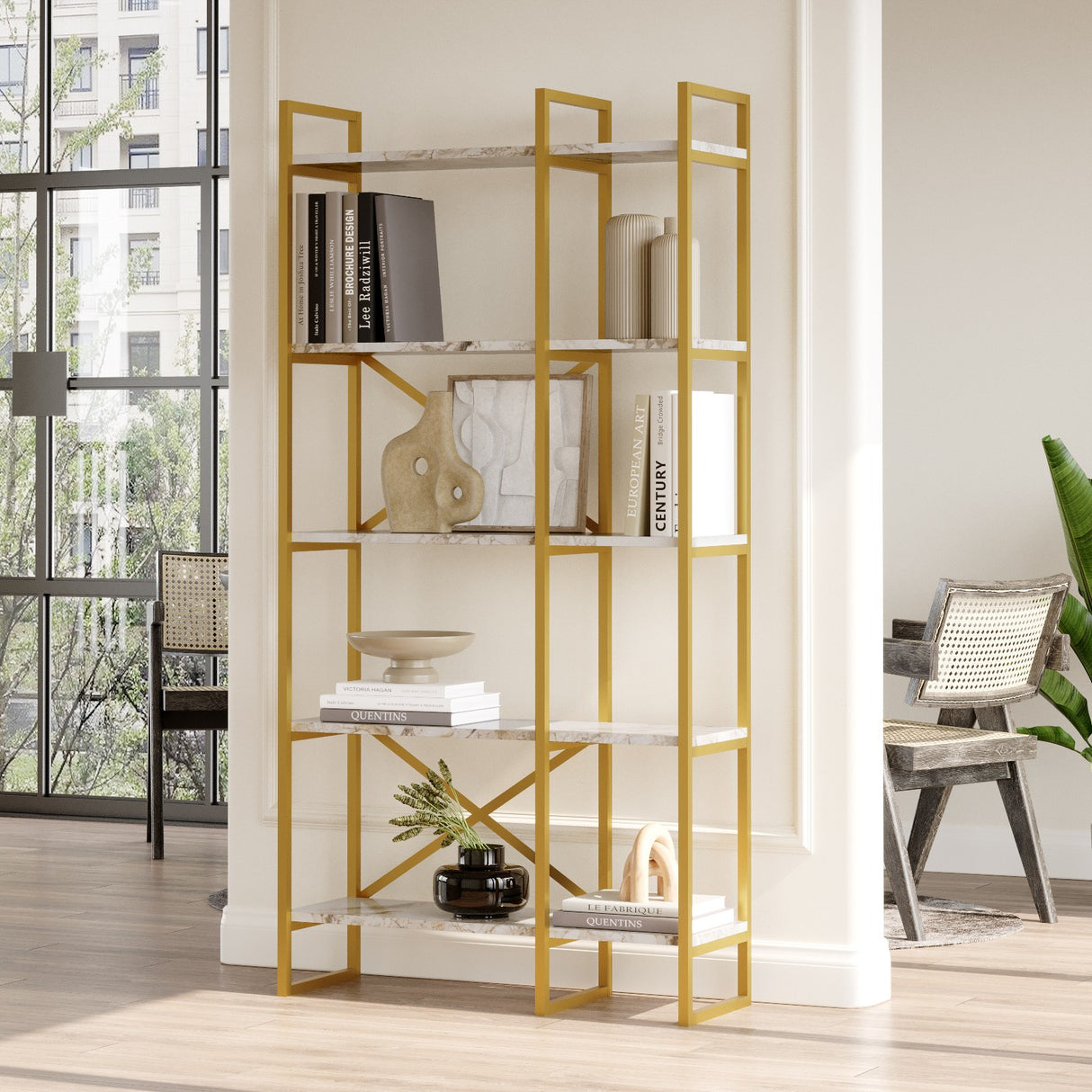 Boekenkasten - Boekenkast Valdis Marmer Wit Goud Melamine 87,5x175x30 cm - Dimehouse