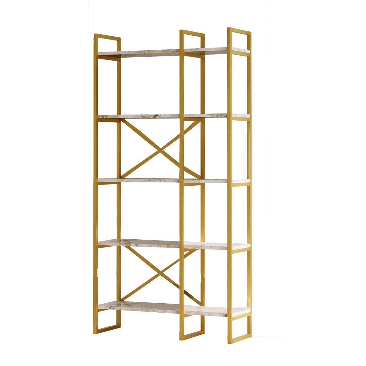 Boekenkasten - Boekenkast Valdis Marmer Wit Goud Melamine 87,5x175x30 cm - Dimehouse