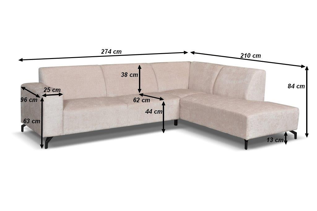 Corner sofa with chaise longue, beige chenille fabric Manon - right 
