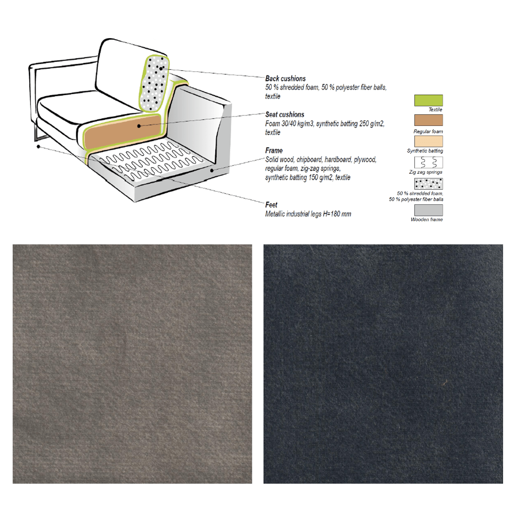 Corner sofa anthracite velvet loose cushions Quinn - right 