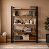 Boekenkasten - Industriële boekenkast dennenhout melamine zwart metaal Cosmo 130x180x35 cm - Dimehouse