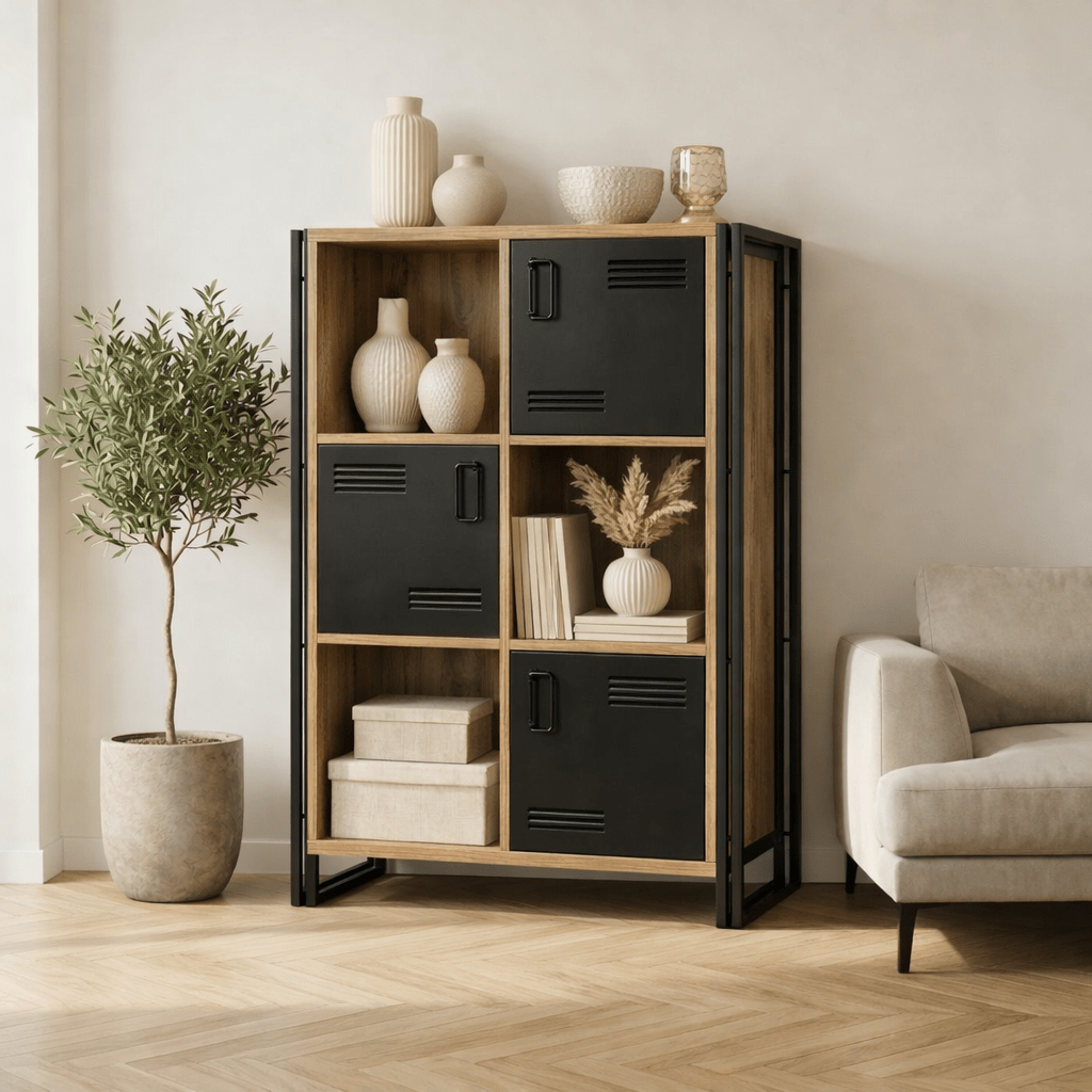 Boekenkasten - Industriële kast dennenhout melamine zwart metaal Cosmo 89x127x35 cm - Dimehouse