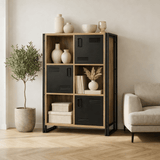 Boekenkasten - Industriële kast dennenhout melamine zwart metaal Cosmo 89x127x35 cm - Dimehouse