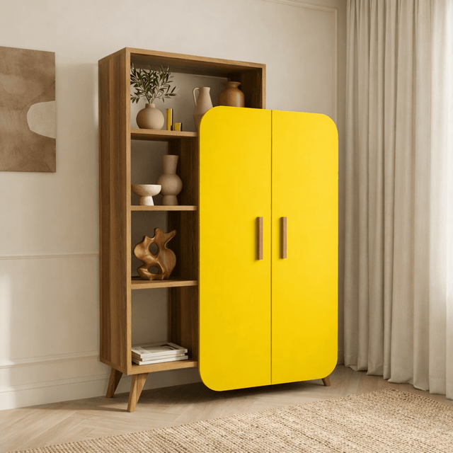 Boekenkasten - Boekenkast Form Walnoot Geel Melamine 90x132x32 cm - Dimehouse