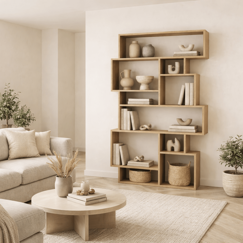 Boekenkasten - Asymmetrische boekenkast eikenlook melamine Karmato 96x168,5x25,5 cm - Dimehouse