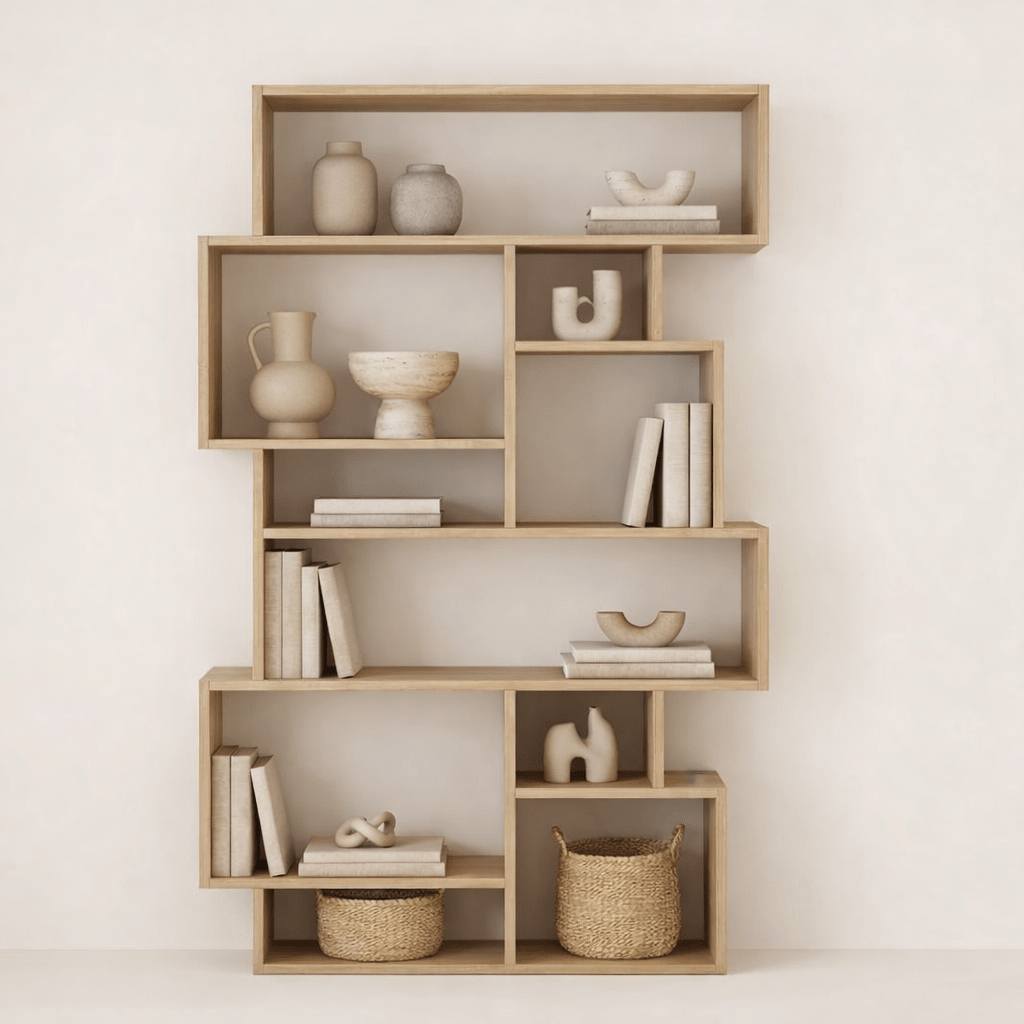 Boekenkasten - Asymmetrische boekenkast eikenlook melamine Karmato 96x168,5x25,5 cm - Dimehouse