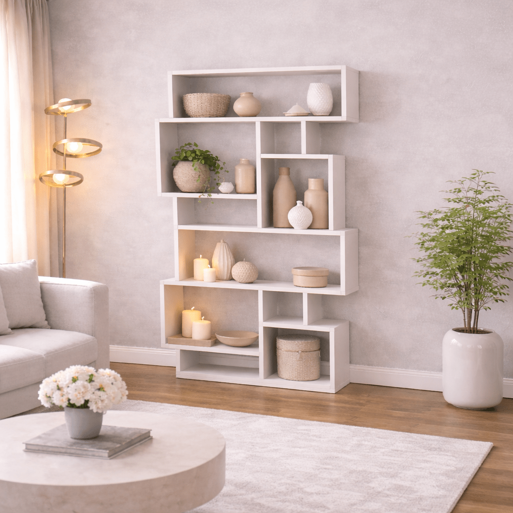 Boekenkasten - Asymmetrische boekenkast wit melamine Karmato 96x168,5x25,5 cm - Dimehouse