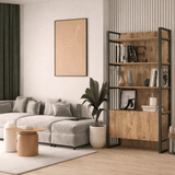 Boekenkasten - Industriële boekenkast met planken en gesloten opbergvak dennenhout melamine Lyra 90x180x34 cm - Dimehouse
