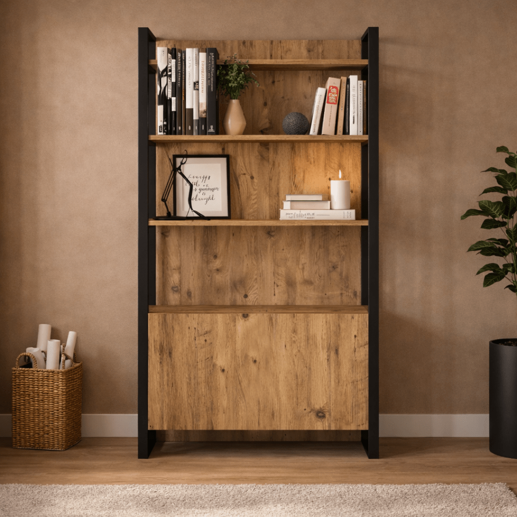 Boekenkasten - Industriële boekenkast met planken en gesloten opbergvak dennenhout melamine Lyra 90x180x34 cm - Dimehouse