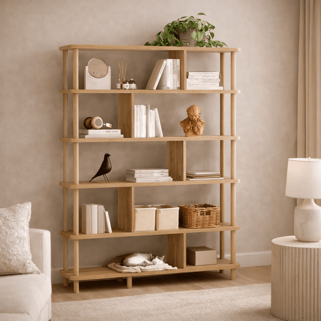 Boekenkasten - Japandi boekenkast dennenhout melamine Meta 120x168,5x28 cm - Dimehouse