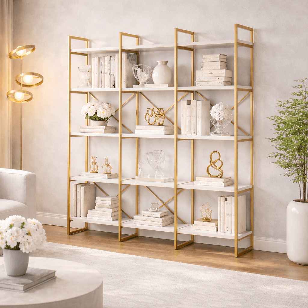 Boekenkasten - Boekenkast Valdis Marmer Wit Goud Melamine 170x175x30 cm - Dimehouse