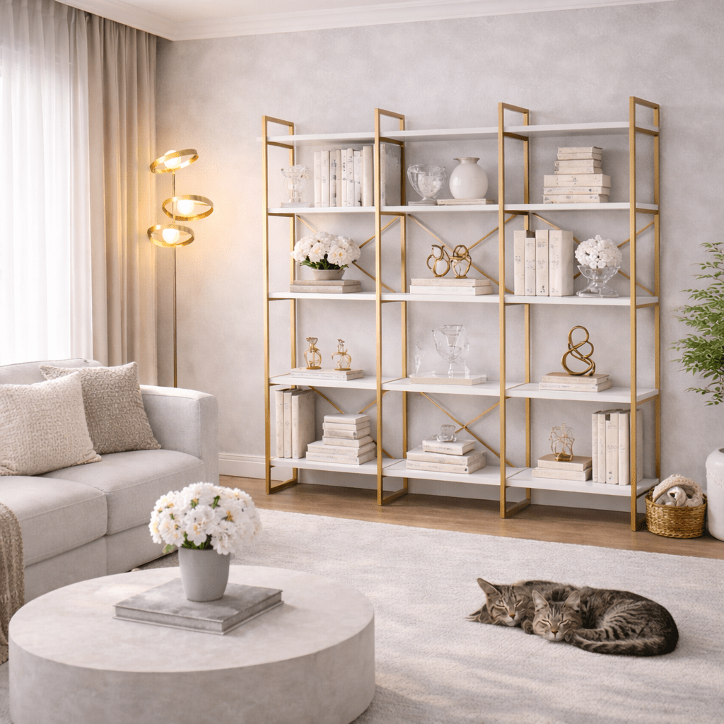 Boekenkasten - Boekenkast Valdis Marmer Wit Goud Melamine 170x175x30 cm - Dimehouse