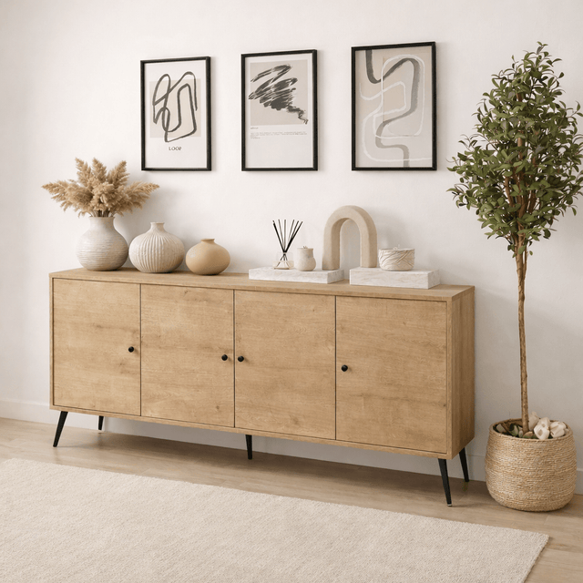 Dressoirs - Calvin Dressoir Eikenlook met soft - close 180 cm Melamine - Vier deuren - Dimehouse