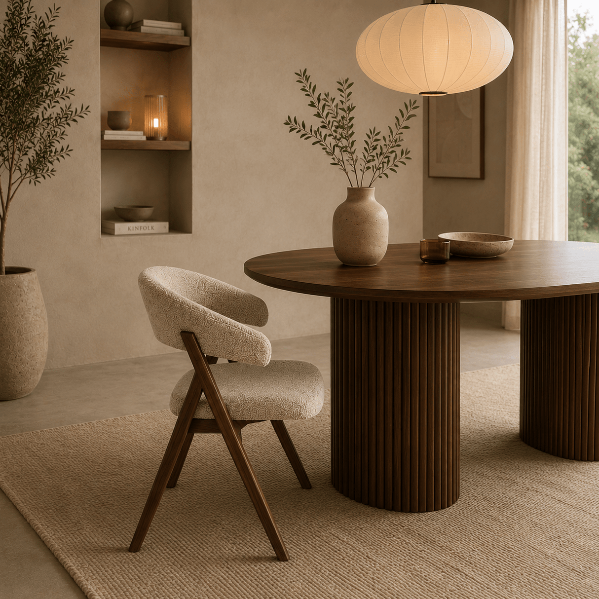 Dining room chairs-Japandi dining room chair sand color bouclé Miyu - walnut frame - with armrest-Dimehouse