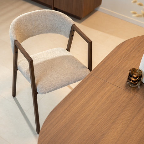 Japandi dining chair sand bouclé Kyo - walnut frame - with armrests