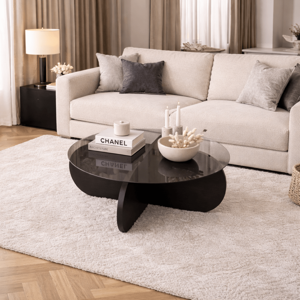 Round coffee table Aris black melamine and smoked glass 75 cm