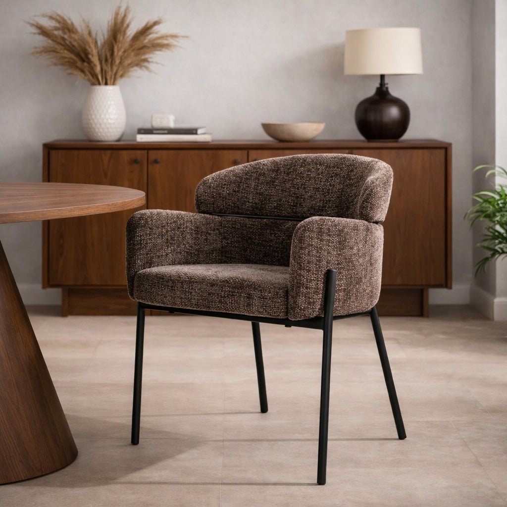 Dining chair Lola Bouclé fabric Taupe with round back and arm 