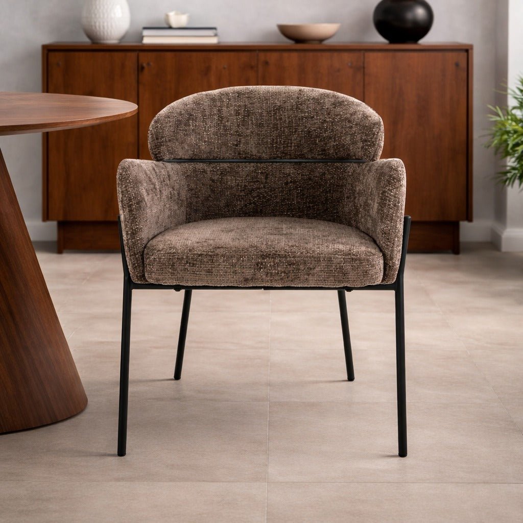 Dining chair Lola Bouclé fabric Taupe with round back and arm 