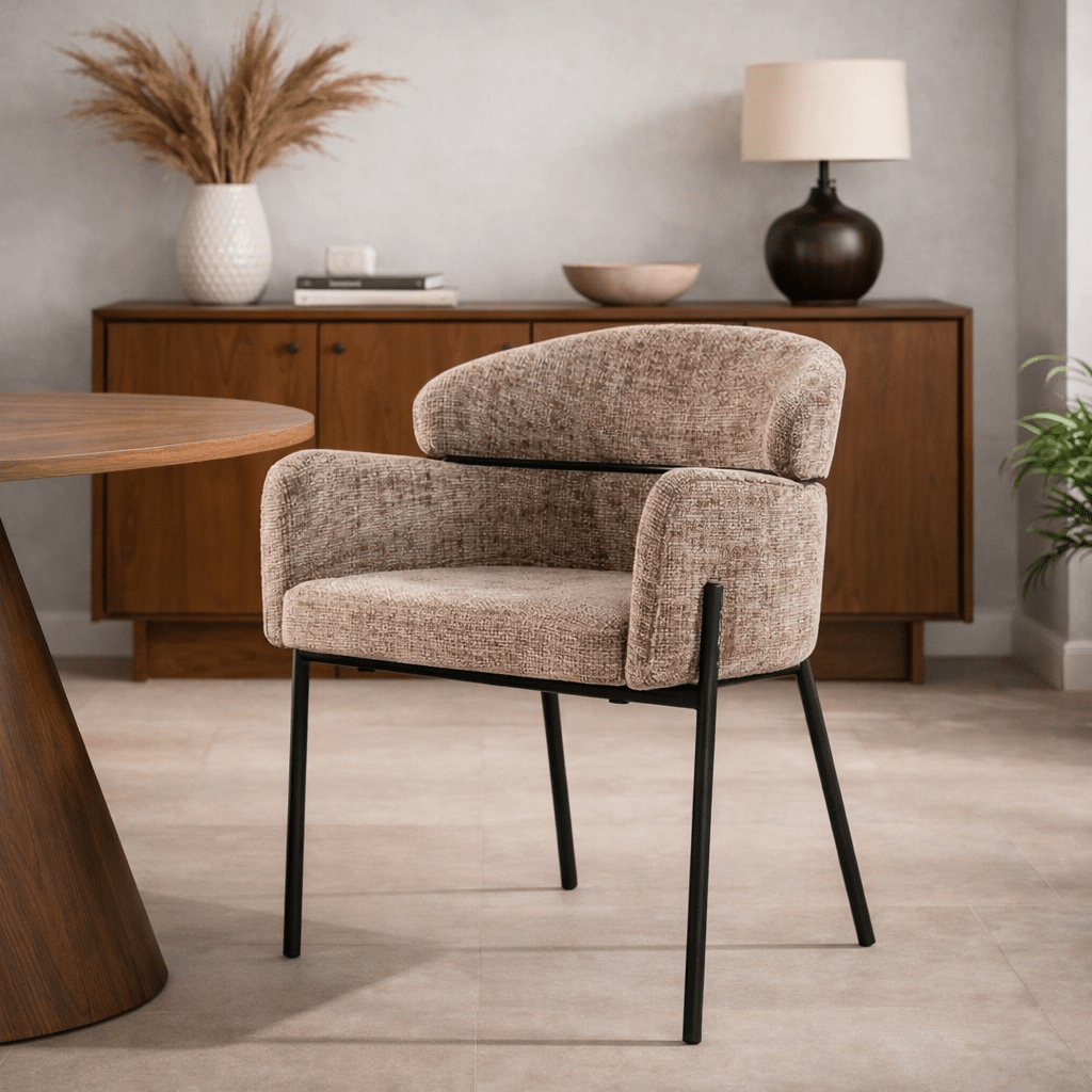 Dining chair Lola Bouclé fabric Champagne with round back and arm 