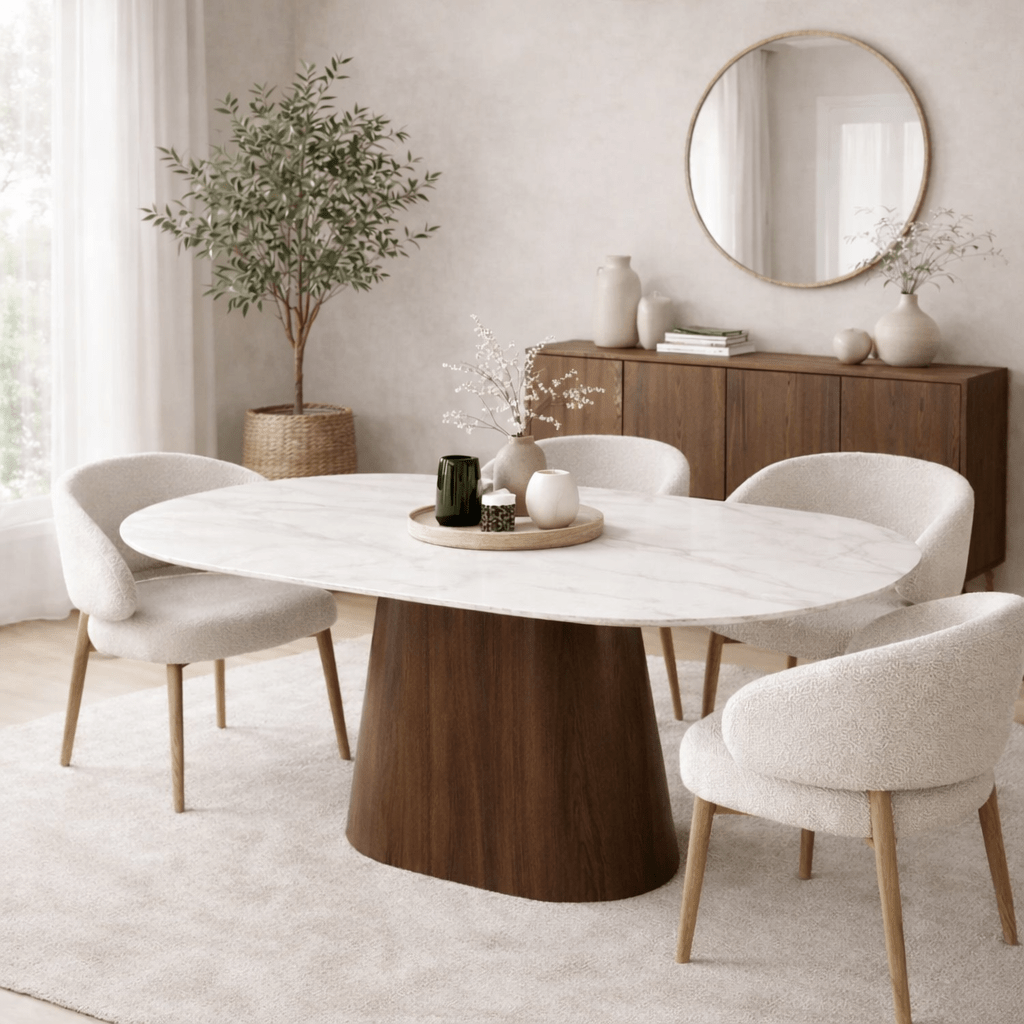 Sintered Stone Marble Look Travertine Dining Table Lea 180x90 cm - Walnut Frame - Danish Oval 