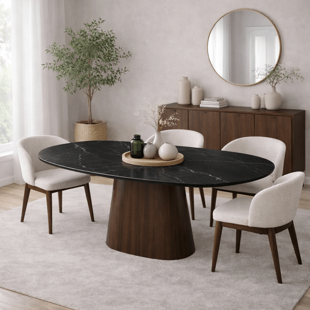 Sintered Stone Marble Look Travertine Dining Table Lea 180x90 cm - Walnut Frame - Danish Oval 