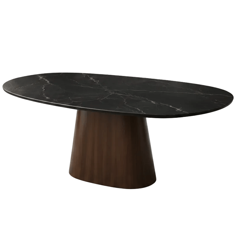 Eettafels-Eettafel Sintered Stone Marmerlook Zwart - Walnoot Frame - Deens ovaal - 180x90 cm - Lea-Dimehouse