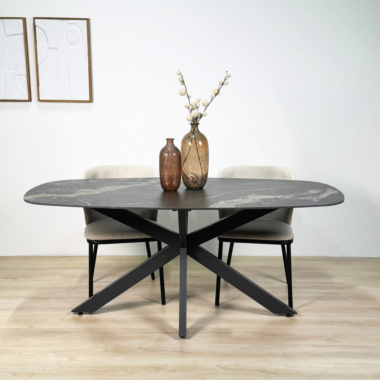 Eettafels - Eettafel Dolore 180x90 cm Deens Ovaal Marmerlook Zwart - Dimehouse