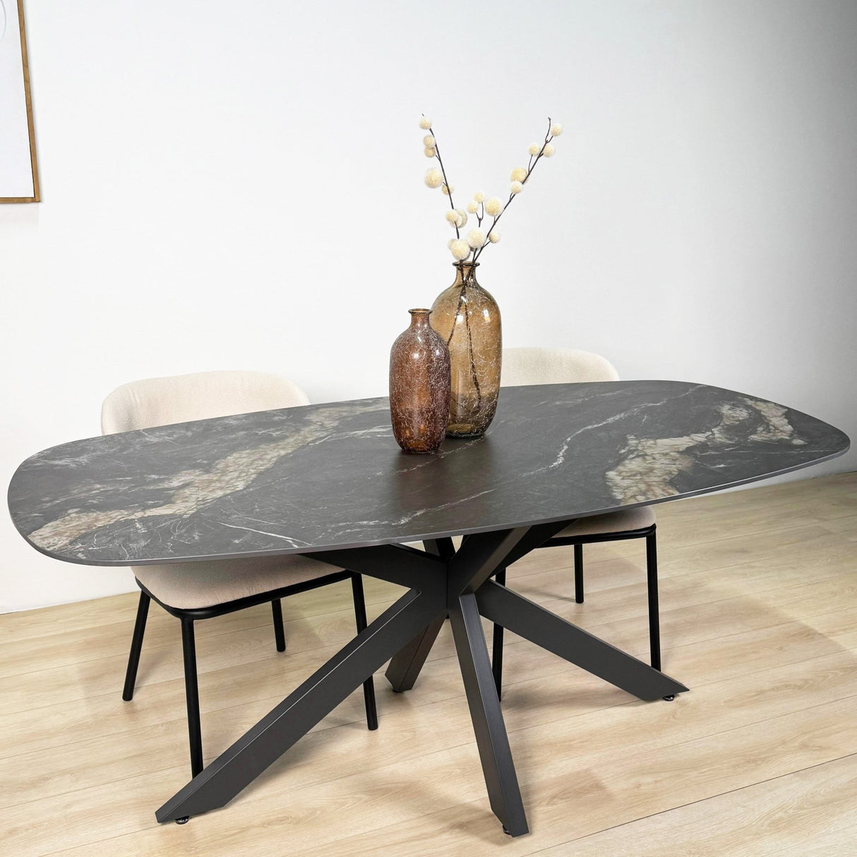 Eettafels - Eettafel Dolore 180x90 cm Deens Ovaal Marmerlook Zwart - Dimehouse