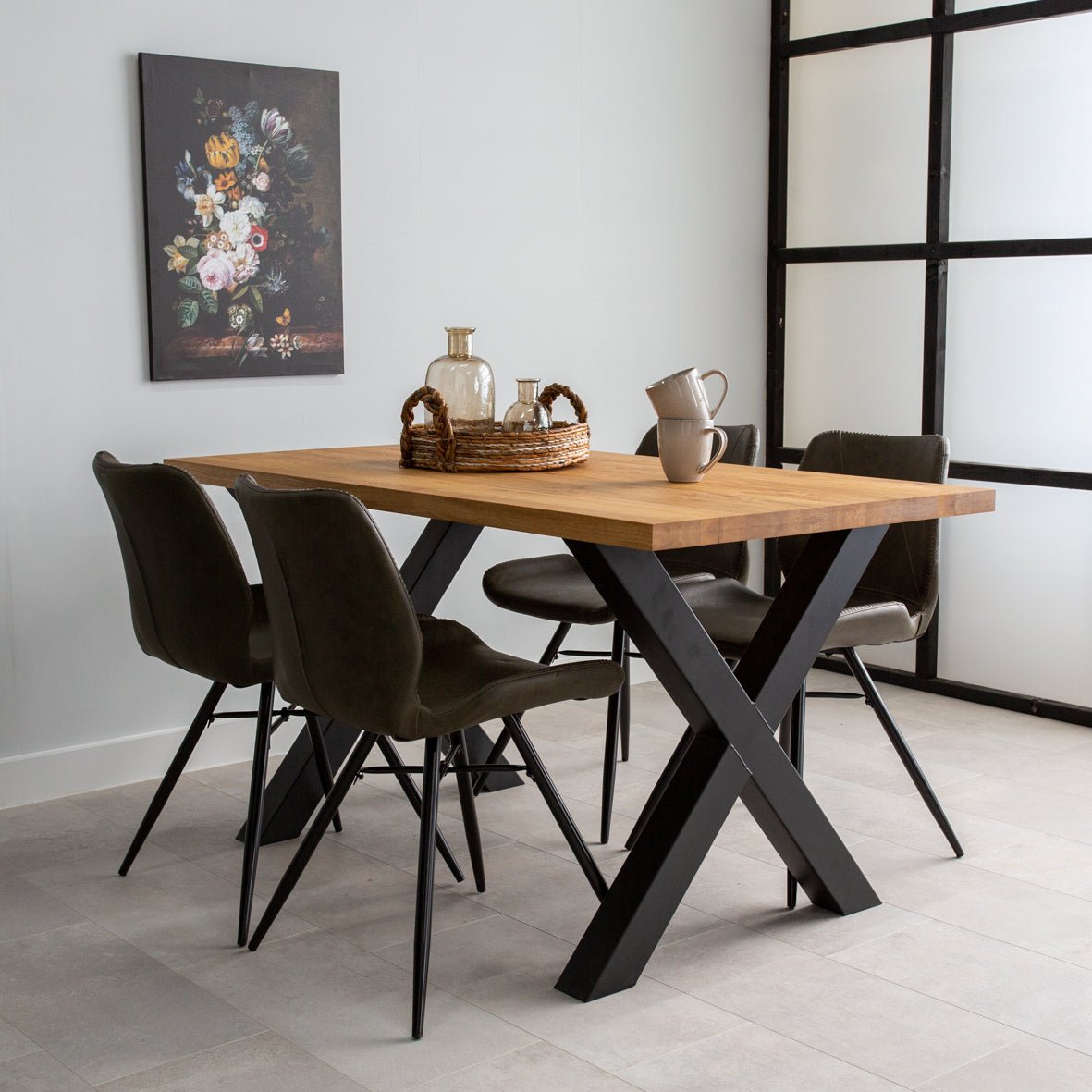 Industrial Dining Table Oak X-leg Black Rover