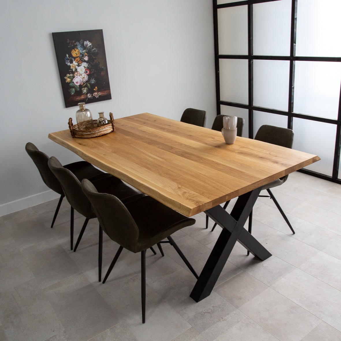 Dining Table Revi Oak - Tree Trunk Shape - Black X-Leg