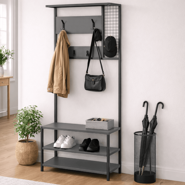 Kapstokken - Garderobemeubel Kapstok Antraciet Melamine Novad - Met Leggers - Dimehouse
