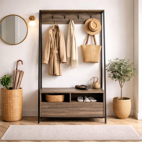 Wardrobe Furniture Coat Rack Walnut Melamine Devon - With Compartments and Drawer 