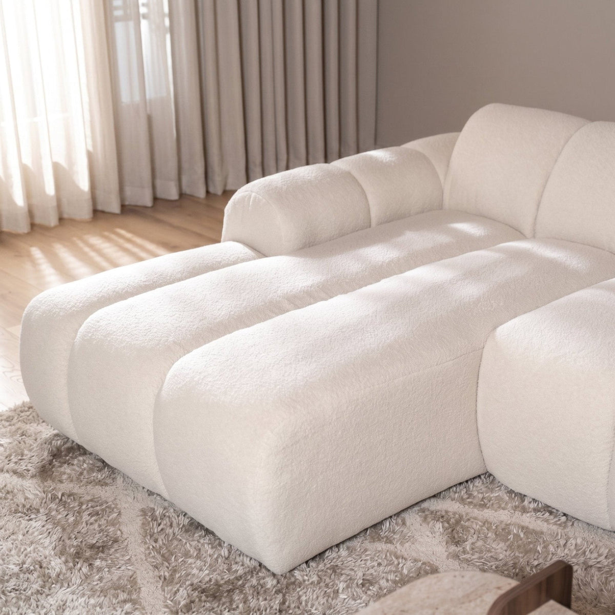 Sofas-Corner sofa with lounge beige bouclé fabric - stripes - left - Brix-Dimehouse
