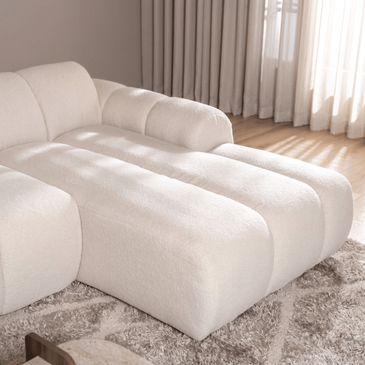 Sofas-Corner sofa with lounge beige bouclé fabric - stripes - right - Brix-Dimehouse
