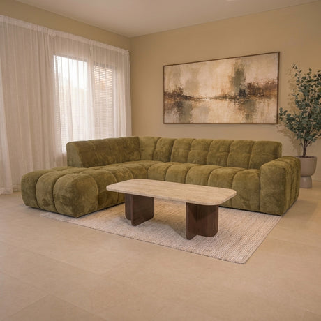 Banken-Hoekbank met lounge olijf groen bouclé stof Nova - links-Dimehouse