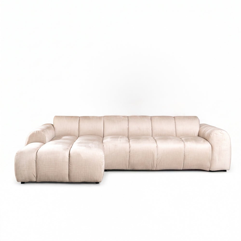 Sofas-Corner sofa with lounge beige velvet textured fabric - stripes - left - Brix-Dimehouse