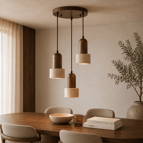 Hanglampen - Hanglamp 3 - lichts verschillende hoogtes – Walnoot & Travertin - Hikari - Dimehouse