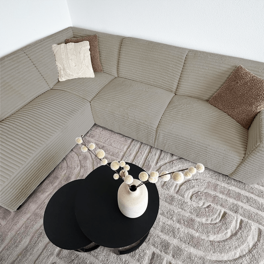 Banken - Hoekbank beige super zachte ribstof Gavi - links - Dimehouse