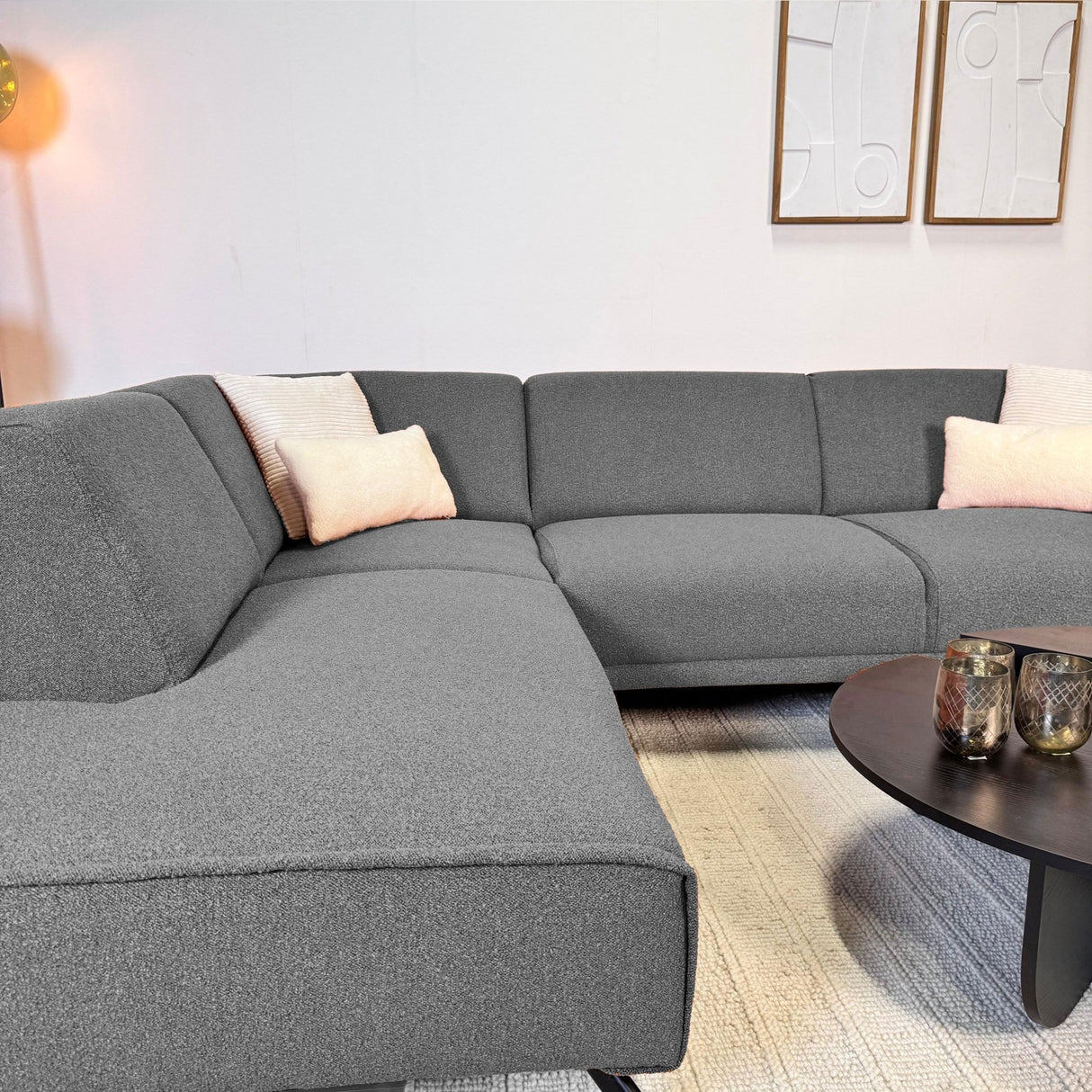 Gray bouclé fabric corner sofa Maël - left 