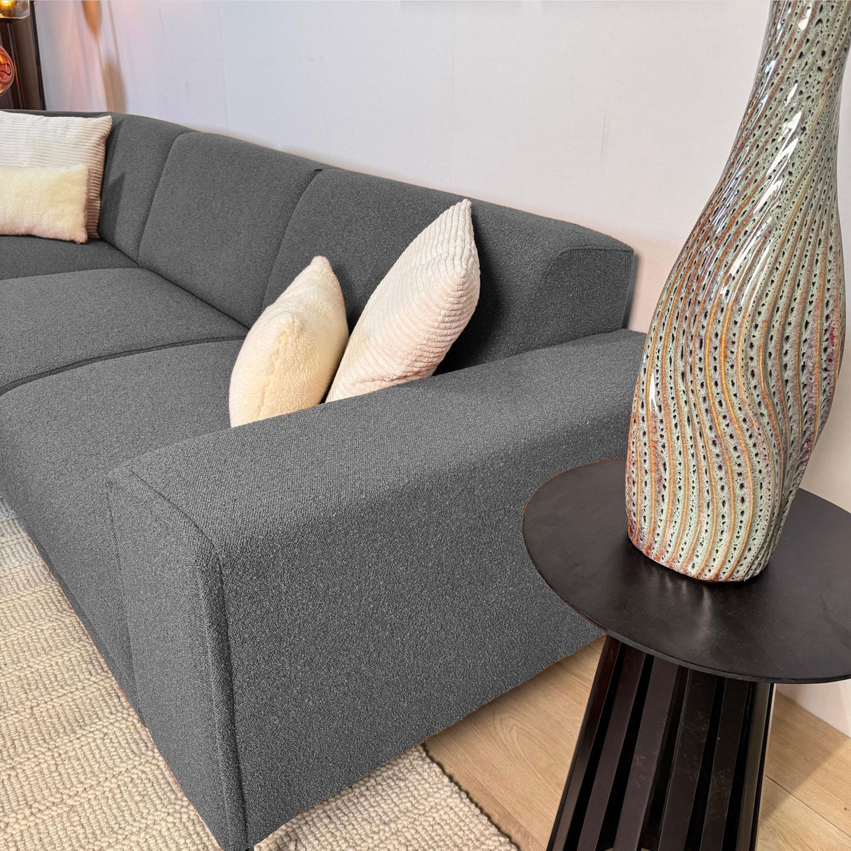 Gray bouclé fabric corner sofa Maël - left 