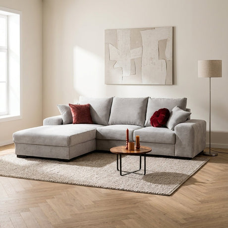 Hoekbank Cambridge ribstof beige links sfeerfoto in modern interieur