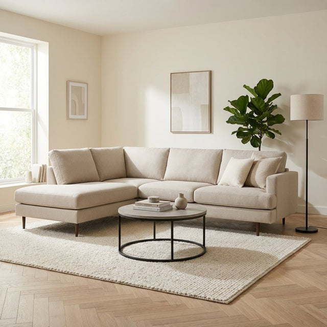 Hoekbank Romi stof beige - rechts sfeerfoto in modern interieur