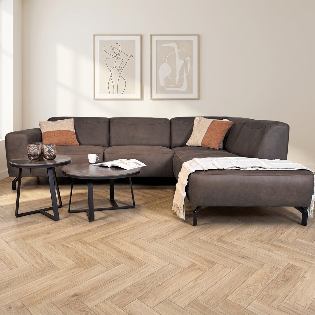 Corner sofa anthracite robust eco-leather Barin - right atmospheric photo in modern interior