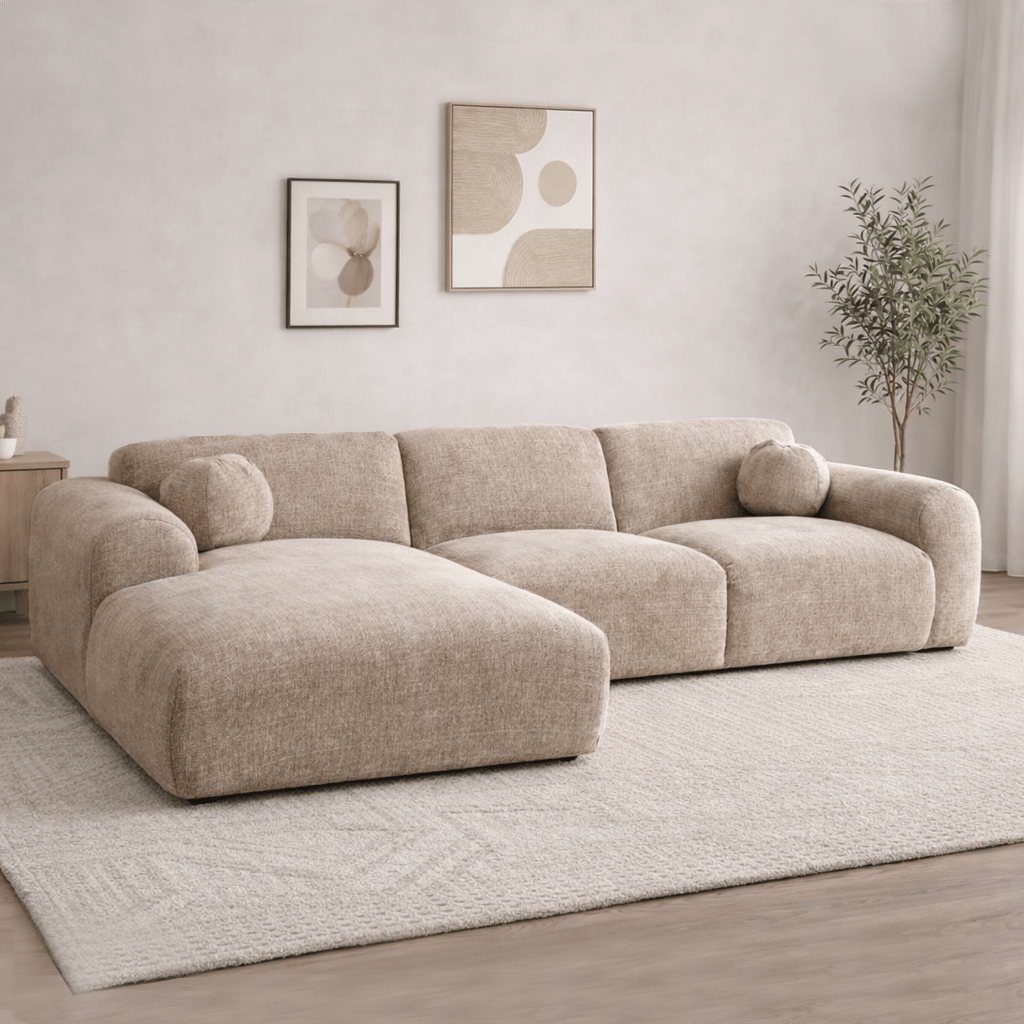 Banken - Hoekbank zand chenille stof - 292x169 cm - Shane - links - Dimehouse
