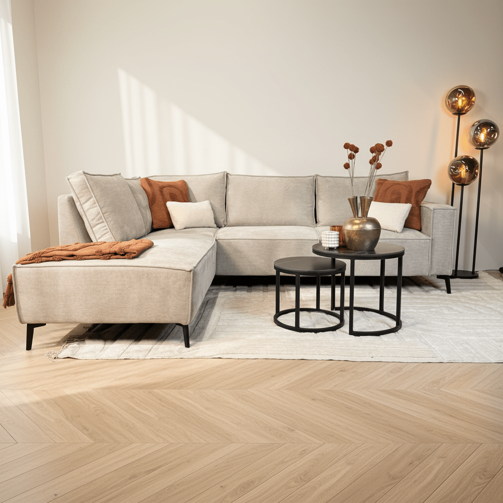 Corner sofa with beige chenille Yara chaise longue - left 