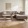 Corner sofa with chaise longue taupe chenille fabric Manon - right atmospheric photo in a modern interior