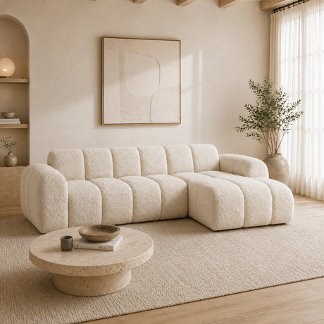 Corner sofa with lounge beige bouclé fabric - stripes - right - Brix