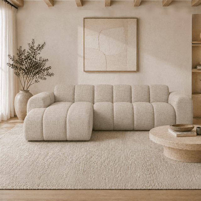 Banken-Hoekbank met lounge beige velvet structuurstof - strepen - links - Brix-Dimehouse