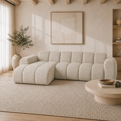 Banken-Hoekbank met lounge beige velvet structuurstof - strepen - links - Brix-Dimehouse